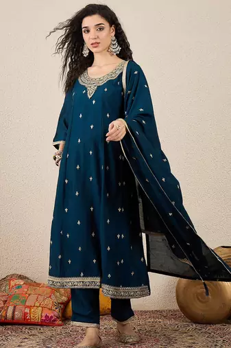 Floral embroidered silk blend round neck kurta trosuer & dupatta set