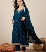 Floral embroidered silk blend round neck kurta trosuer & dupatta set