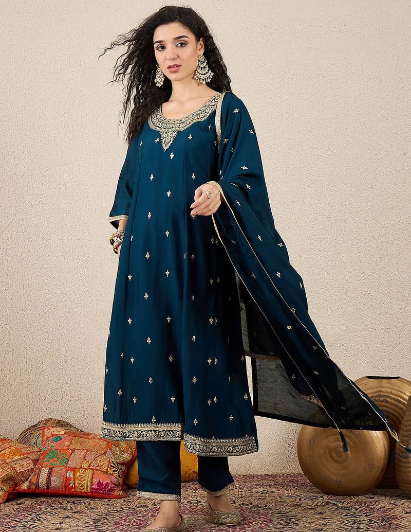Floral embroidered silk blend round neck kurta trosuer & dupatta set