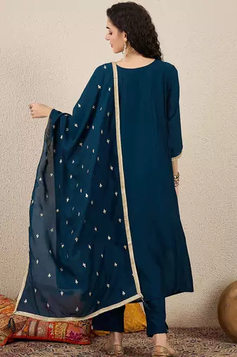 Floral embroidered silk blend round neck kurta trosuer & dupatta set