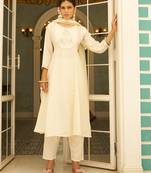 Floral embroidered silk blend round neck kurta trosuer & dupatta set