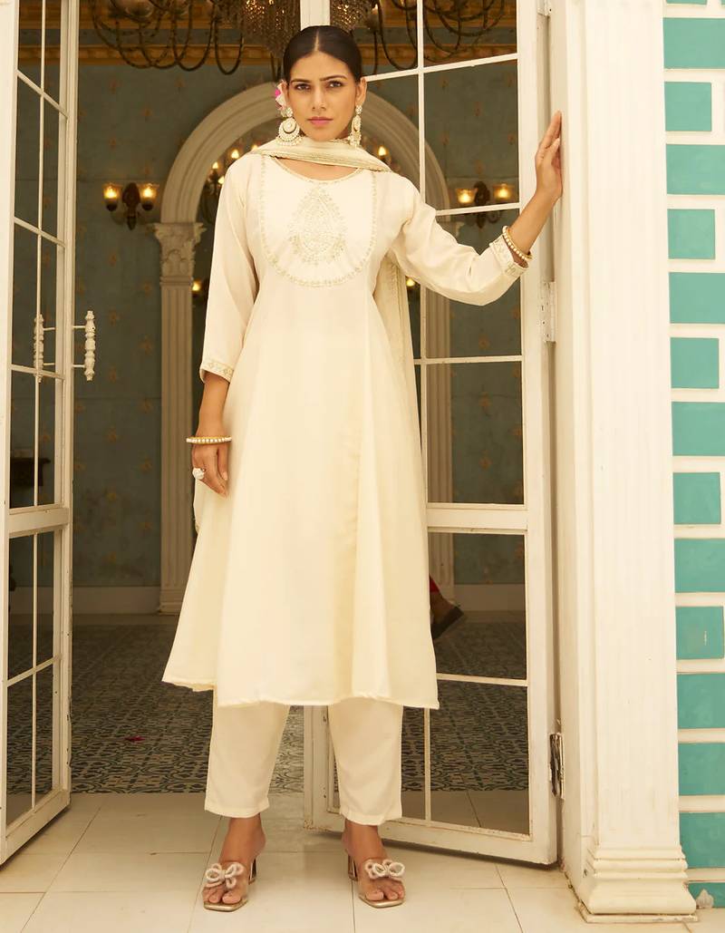 Floral embroidered silk blend round neck kurta trosuer & dupatta set