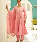 Floral embroidered silk blend round neck kurta trosuer & dupatta set