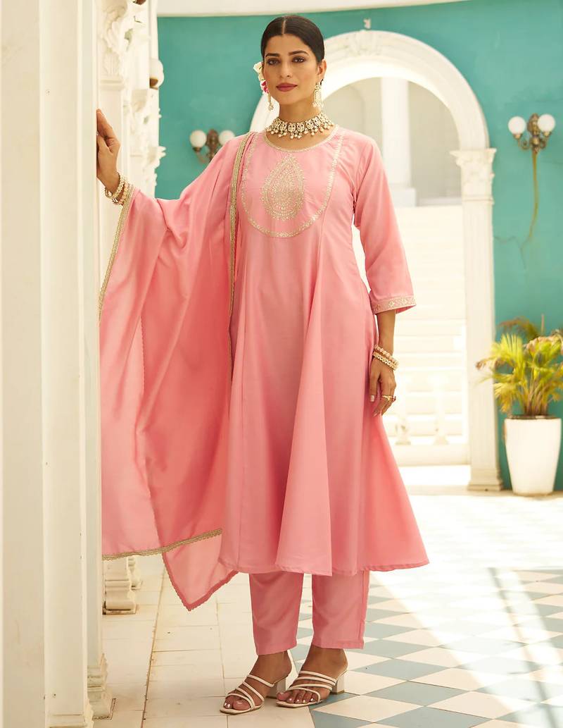 Floral embroidered silk blend round neck kurta trosuer & dupatta set