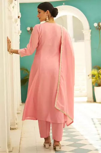 Floral embroidered silk blend round neck kurta trosuer & dupatta set
