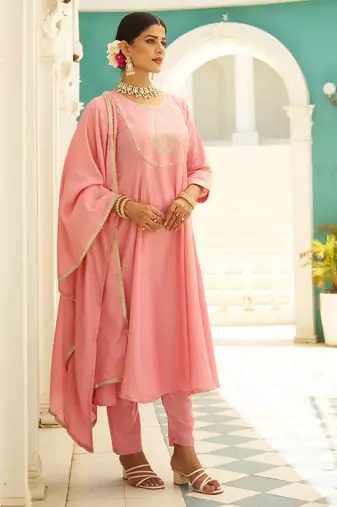 Floral embroidered silk blend round neck kurta trosuer & dupatta set