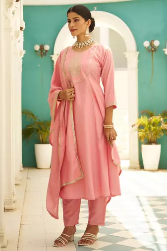 Floral embroidered silk blend round neck kurta trosuer & dupatta set