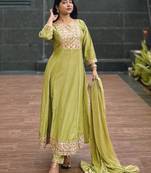 Floral embroidered silk round neck kurta trosuer & dupatta set