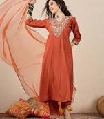 Floral embroidered silk blend v neck kurta trosuer & dupatta set