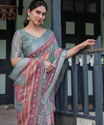 sage green color Ready to wear saree with unstitched blouse 1