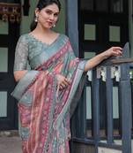 sage green color Ready to wear saree with unstitched blouse