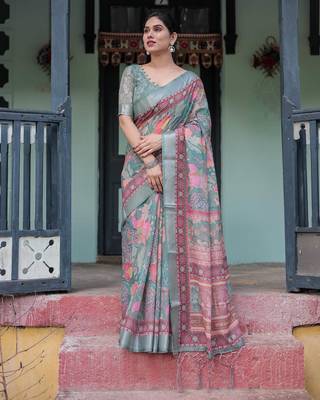 sage green color Ready to wear saree with unstitched blouse 2