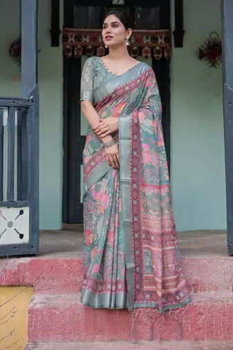 sage green color Ready to wear saree with unstitched blouse