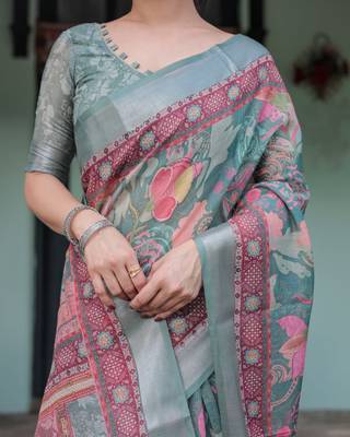 sage green color Ready to wear saree with unstitched blouse 3