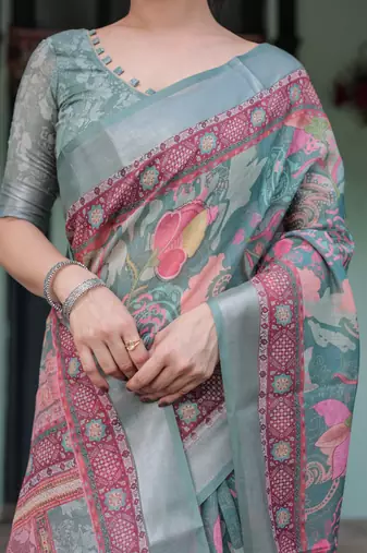 sage green color Ready to wear saree with unstitched blouse