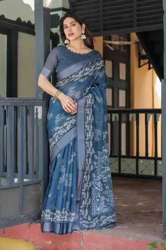 blue colour Ready to wear saree with unstitched blouse