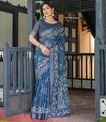 blue colour Ready to wear saree with unstitched blouse