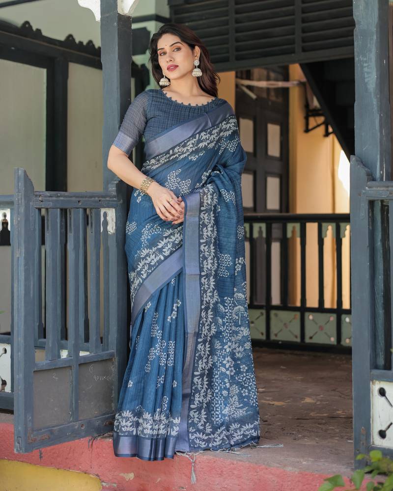 blue colour Ready to wear saree with unstitched blouse