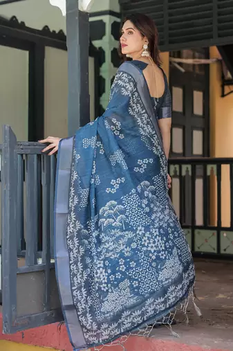 blue colour Ready to wear saree with unstitched blouse