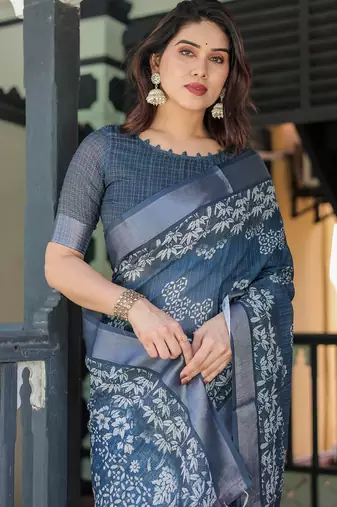 blue colour Ready to wear saree with unstitched blouse