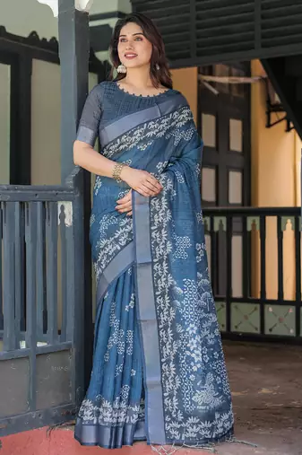 blue colour Ready to wear saree with unstitched blouse