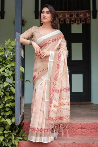 beige colour Ready to wear saree with unstitched blouse