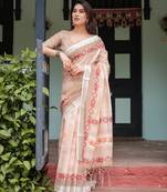 beige colour Ready to wear saree with unstitched blouse