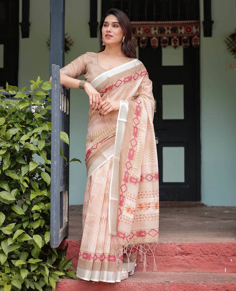 beige colour Ready to wear saree with unstitched blouse