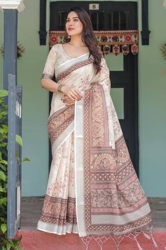 cream colour Ready to wear saree with unstitched blouse