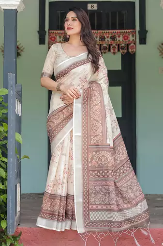 cream colour Ready to wear saree with unstitched blouse