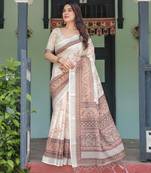 cream colour Ready to wear saree with unstitched blouse