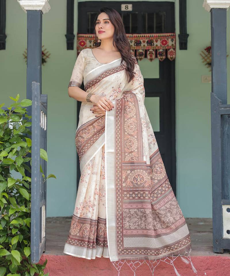 cream colour Ready to wear saree with unstitched blouse