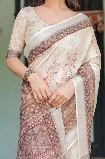 cream colour Ready to wear saree with unstitched blouse