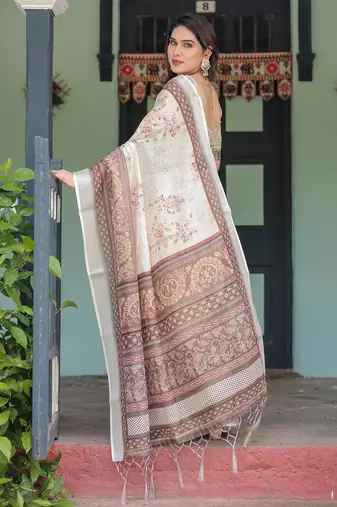 cream colour Ready to wear saree with unstitched blouse