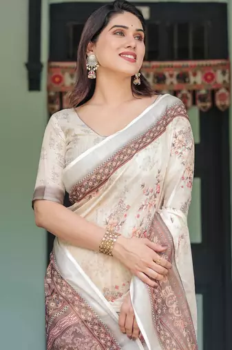 cream colour Ready to wear saree with unstitched blouse