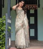 grey colour Ready to wear saree with unstitched blouse