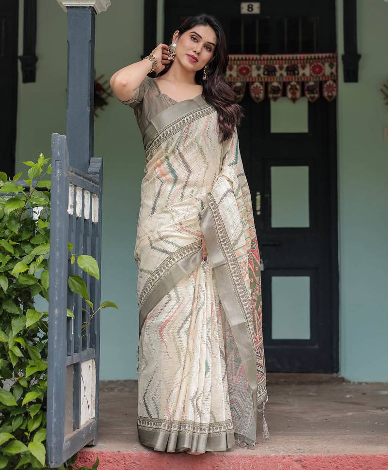 grey colour Ready to wear saree with unstitched blouse