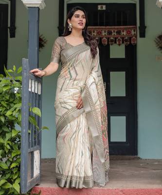grey colour Ready to wear saree with unstitched blouse 2
