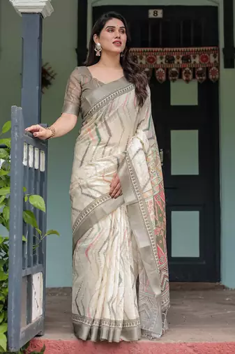 grey colour Ready to wear saree with unstitched blouse