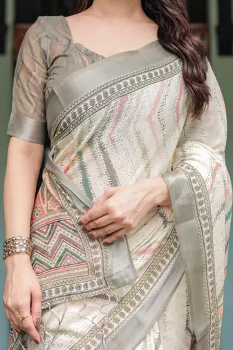 grey colour Ready to wear saree with unstitched blouse
