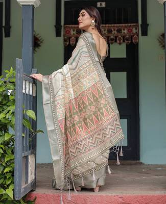 grey colour Ready to wear saree with unstitched blouse 5