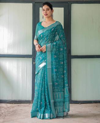 teal blue colour Ready to wear saree with unstitched blouse 2