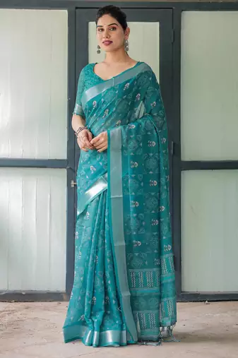 teal blue colour Ready to wear saree with unstitched blouse