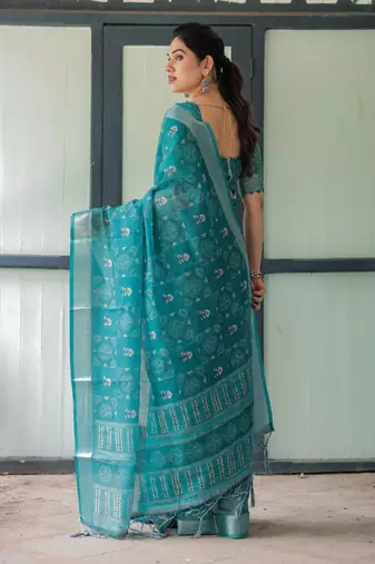teal blue colour Ready to wear saree with unstitched blouse