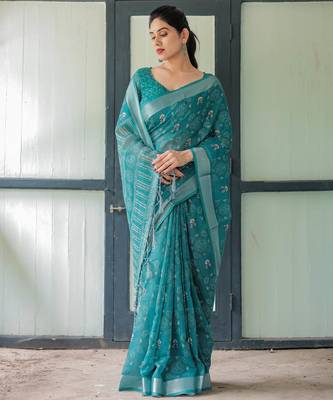 teal blue colour Ready to wear saree with unstitched blouse 4