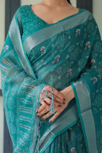 teal blue colour Ready to wear saree with unstitched blouse