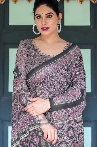 black colour Ready to wear saree with unstitched blouse