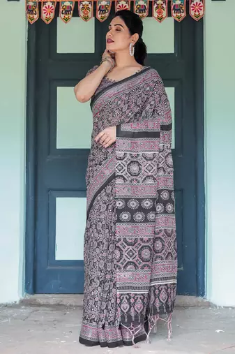 black colour Ready to wear saree with unstitched blouse