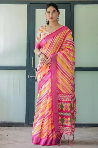 pink colour Ready to wear saree with unstitched blouse