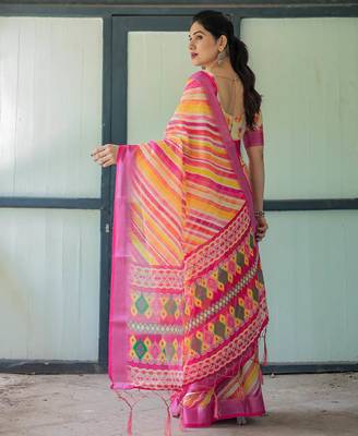 pink colour Ready to wear saree with unstitched blouse 2